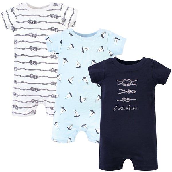 slide 1 of 1, Hudson Baby Infant Boy Cotton Rompers 3pk, Little Sailer 0 - 3 Months - Blue