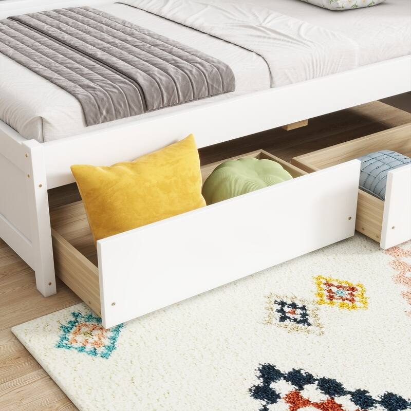 Twin Size L-shaped Bookcases Bed with Power Outlets, USB Charging Ports and Two Drawers
