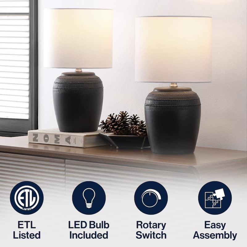 Hugo 16.75" Traditional Rustic Reeded Ceramic Vase LED Table Lamp (Set of 2)