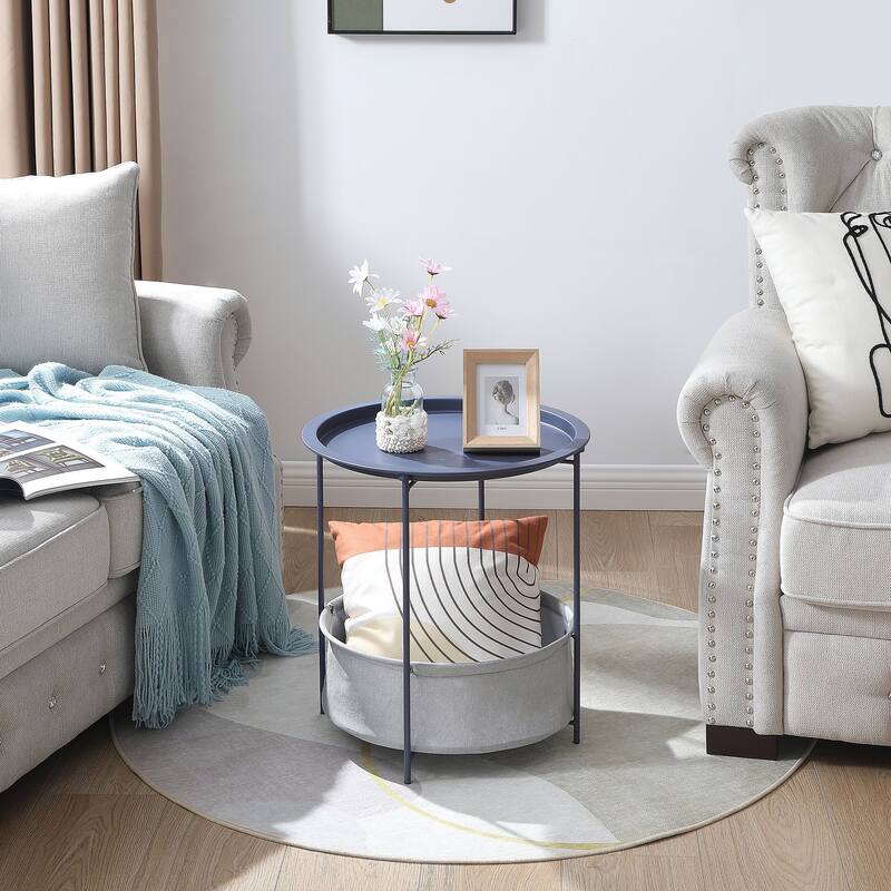 VECELO Small Round Side Table with Removable Tray & Fabric Storage Bin Easy 5-Min Assembly for Living Room Bedroom
