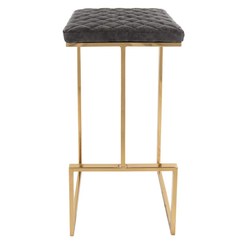 Quincy Set of 2 Modern Leather Barstool with Upholstered Square Seats in Gold Metal & Footrest for Home Bar & Kitchen Counter