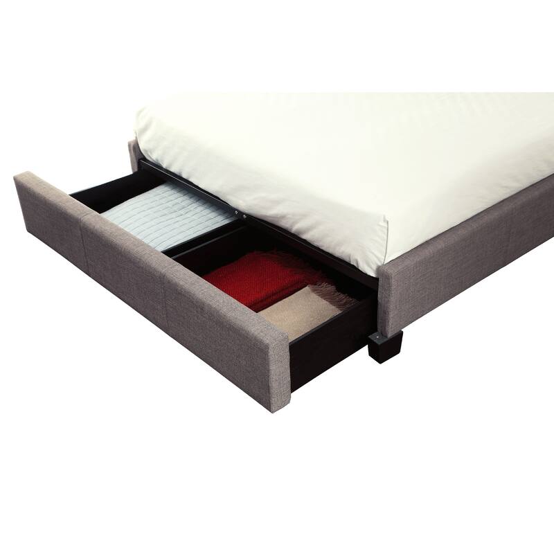 Amy Low Profile Full Bed, Tufted Linen, Wide Storage, Gray