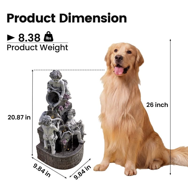 3 Tier Angel Sculpture Outdoor Water Fountain with Grape Decor 20.87in Height and Lights