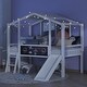 preview thumbnail 3 of 7, White Twin Size Loft House Bed with Ladder and Slide, Blackboard and Light Strip on The Roof