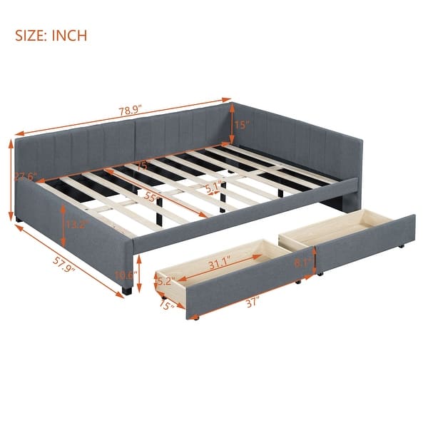 dimension image slide 1 of 8, L-Shaped Backrest Daybed Upholstered Daybed Frame Classic Wood Slats Design with 2 Storage Drawers or Trundle, Full Size