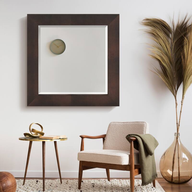 Bronze on Black Metallic Shagreen Leather Framed Beveled Mirror - 48" x 48"