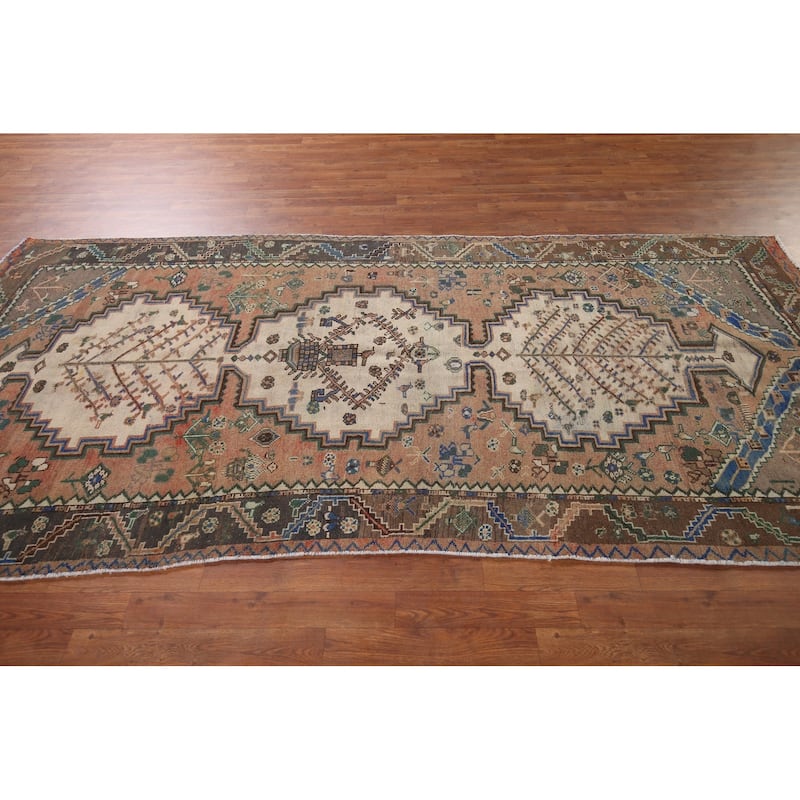 Geometric Orange Bakhtiari Persian Vintage Rug Hand-Knotted Wool Carpet - 4'9" x 9'10"