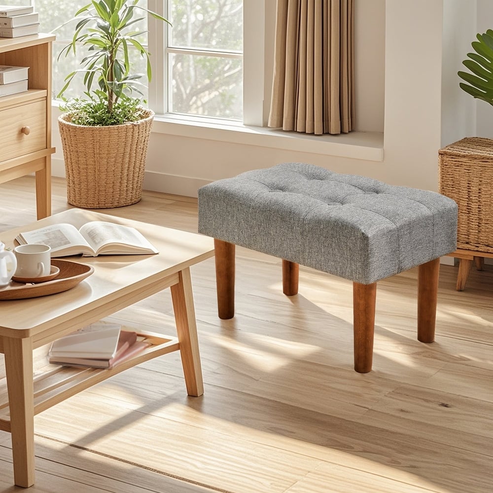 Javlergo Set of 1 or 2 Linen Ottoman Foot Rest with Wooden Legs Tufted Rectangle Upholstered Footstool for Couch Living Room