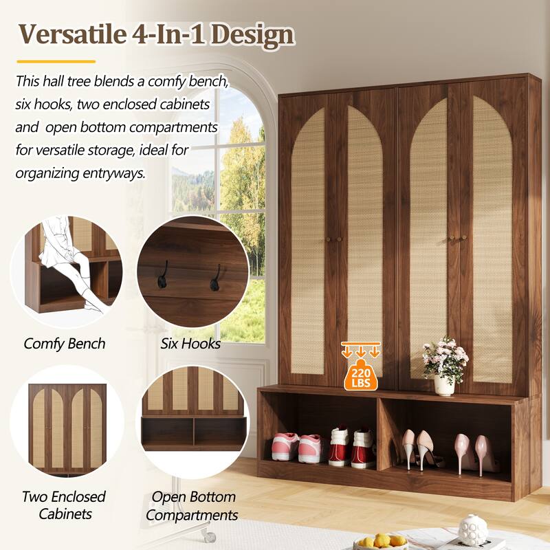 Farmhouse Widen Hall Tree With 4 Rattan Doors, Versatile 4-In-1 Seating Bench With 6 Hooks,Shoe Cabinet With Adjustable Shelf
