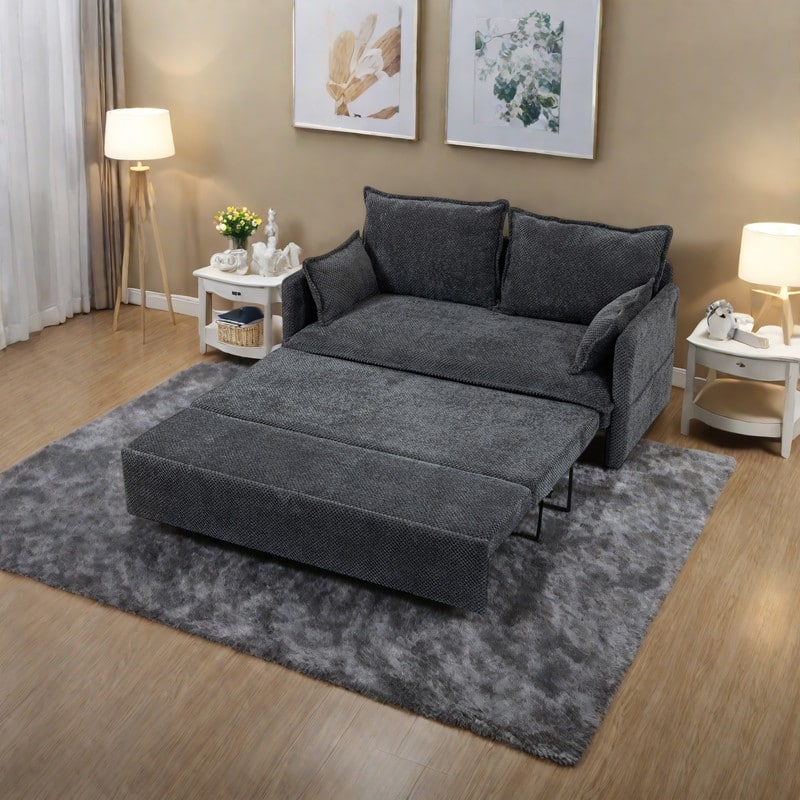 59.5" Corduroy Convertible Sofa Bed with Pull-Out Sleeper, USB/C-Type Charging Ports, and Side Storage - Grey