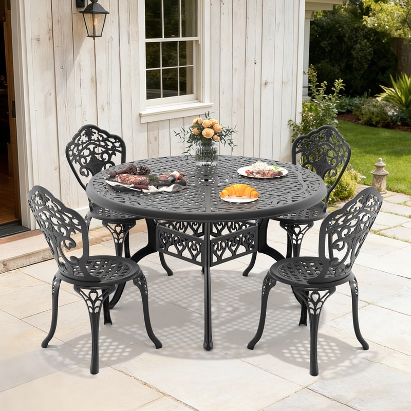 48.03in Round Black Cast Aluminum Outdoor Dining Table with Unbrella Hole & 4 Outdoor Dining Chairs without Cushion