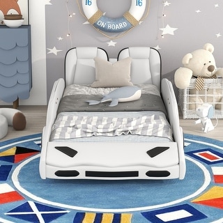 Wood Twin Race Car Platform Kids Bed Frame with Wheels, Safety Rails for Bedroom, White