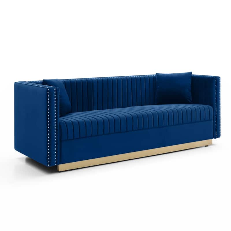 Contemporary Vertical Channel Tufted Velvet Sofa Modern Upholstered Couch for Living Room Apartment with 2 pillows - Blue