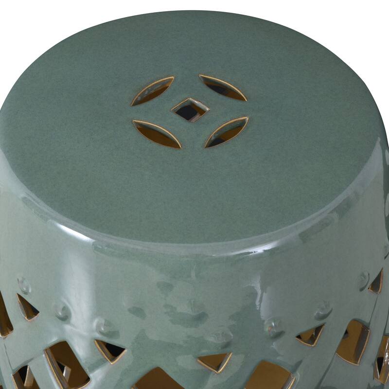 Outsunny 13" Heavy Duty Multi-Use Ceramic Garden Stool / Round Side Table / Foot Rest with Lattice Ring Design Green