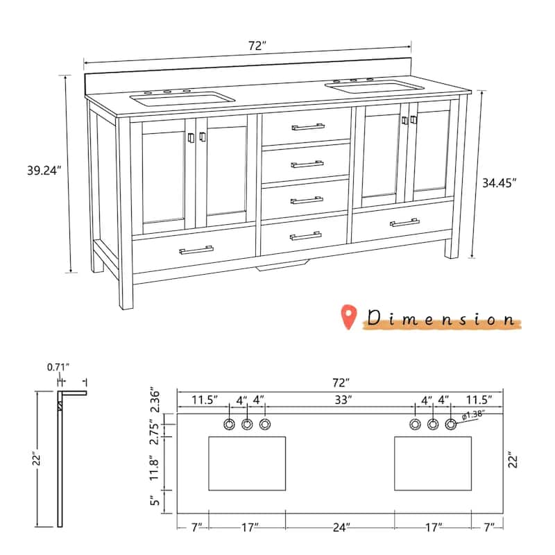 Prismosaic 72 in. Lunar Gray Vanity with Countertop & Splash,Double Sinks