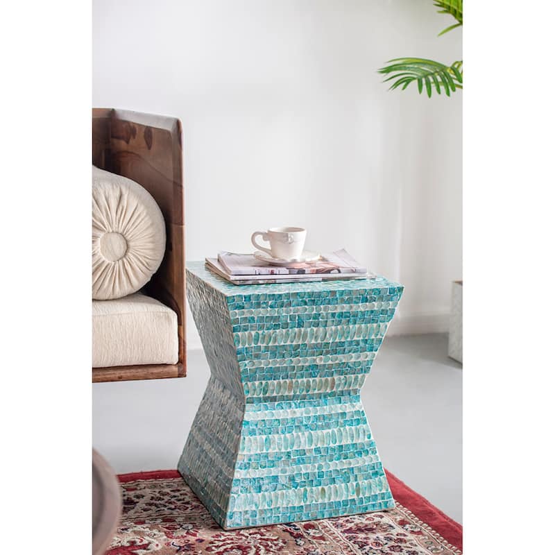 Hourglass Style Geometric Inlay Accent Stool - 17.75" - Turquoise Blue and White