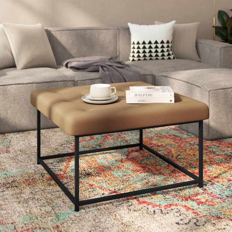 Tufted Square Faux Leather Ottoman with Iron Frame - Light Brown