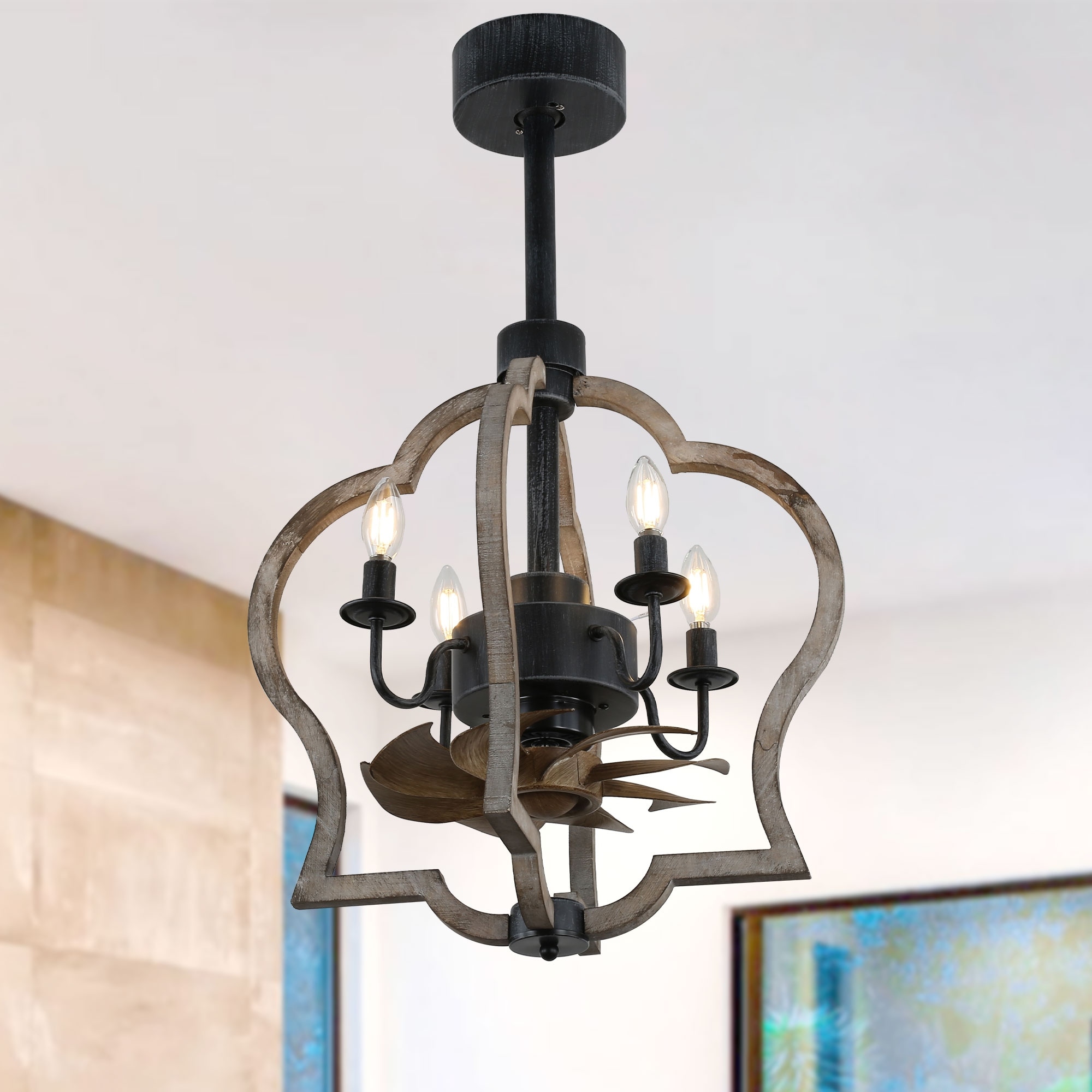 15 Inch Rustic Farmhouse Wood Caged Bladeless Ceiling Fan with Lights and Remote, 3 Speeds Fandelier Ceiling Fan - 15 Inches