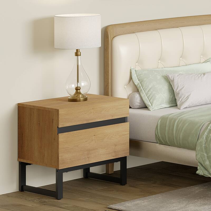 WAMPAT Modern Nightstand with 2 Drawers, Farmhouse BedsideTable with Black Square Iron Leg, Wood Rustic Side End Table - Antique Oak - 2-drawer