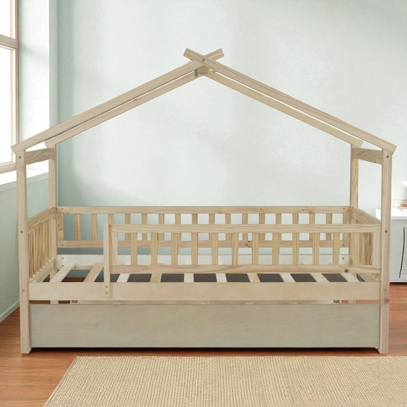 Twin Size Wooden House Bed with Trundle, Roof Design Platform Frame with Headboard for Kids, No Box Spring Needed