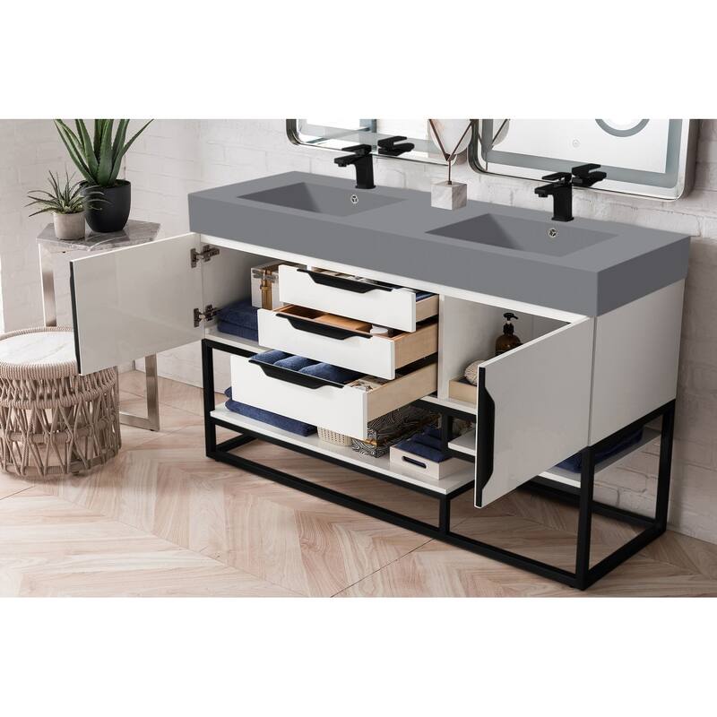 James Martin Vanities Columbia 59" Double Vanity, Glossy White with Matte Black Hardware