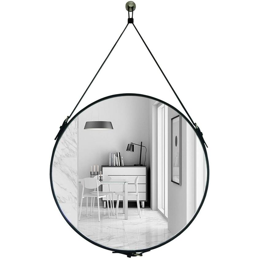 Round Wall Mirror Decorative Mirror, Hanging Mirror with Hanging Strap Silver Hardware Hooker/Hanger, Diameter 23.6 inch - Black