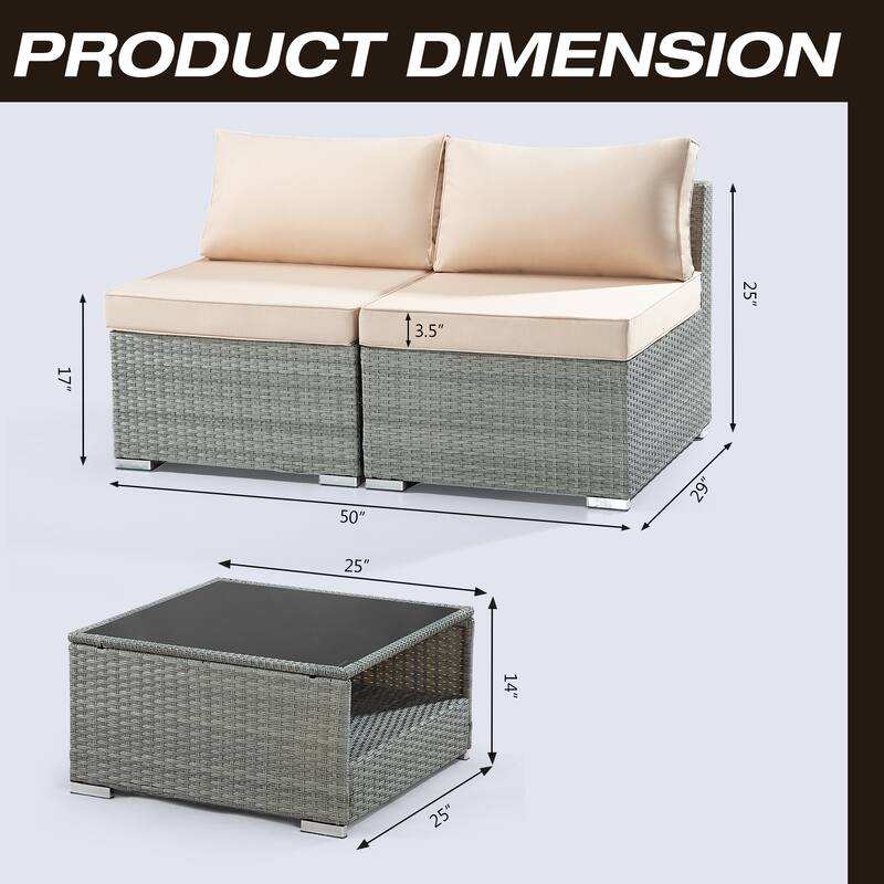 3-Piece Wicker Outdoor Patio Furniture Sectional Conversation Set with Cushion and Side Table
