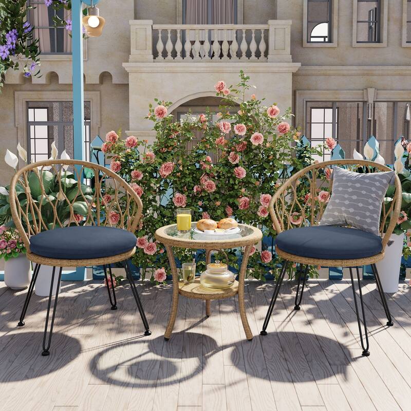 Outdoor Leisure Set, 2 Rattan Single Chairs with A Glass Round Table, Perfectly Suited for Patios, Balconies, and Courtyards