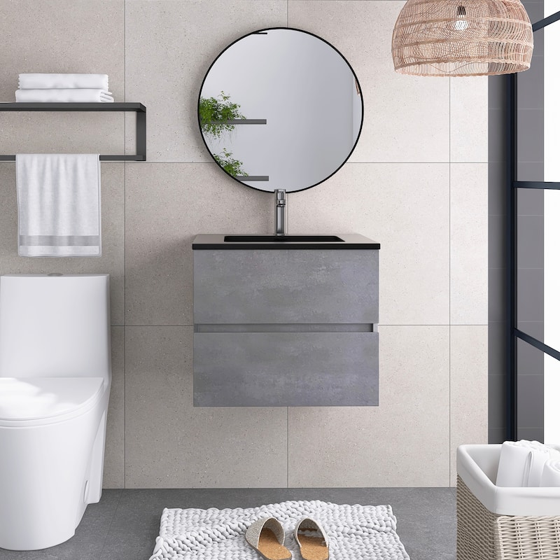Bathroom Vanity in Cement Grey with Integrated Quartz Sand Top - 23.62'' x 19.69'' x 22.44