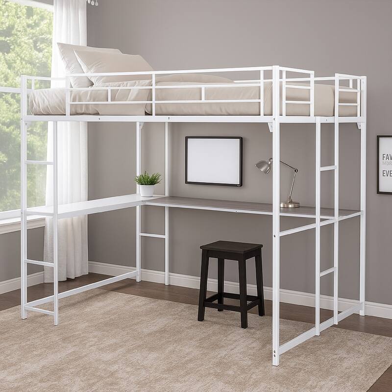 Dexo Twin Loft Bed with Built in Workstation and Ladder, White Metal