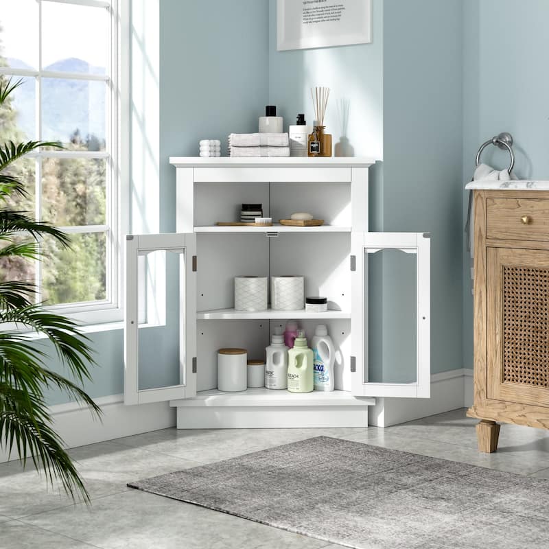 Javlergo White Triangle Corner Cabinet with Glass Doors & Adjustable Shelf Freestanding Storage Cabinet for Bathroom Living Room