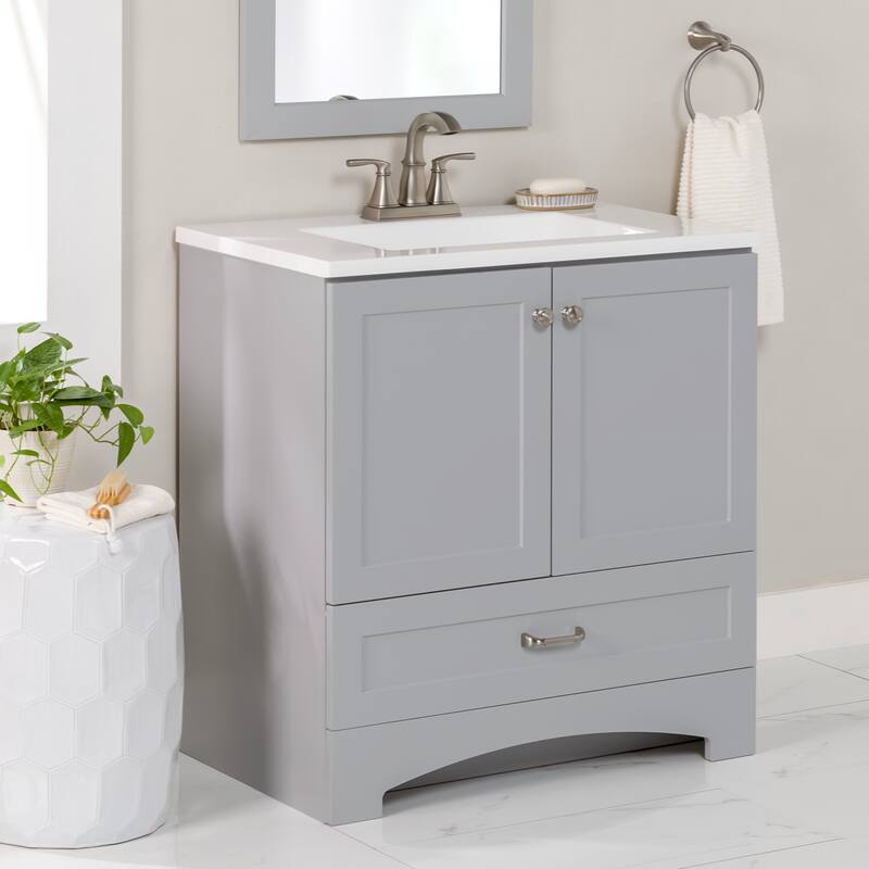 Spring Mill Cabinets Emlyn 30.5" Bathroom Vanity With Drawer and White Sink Top - Pearl Gray