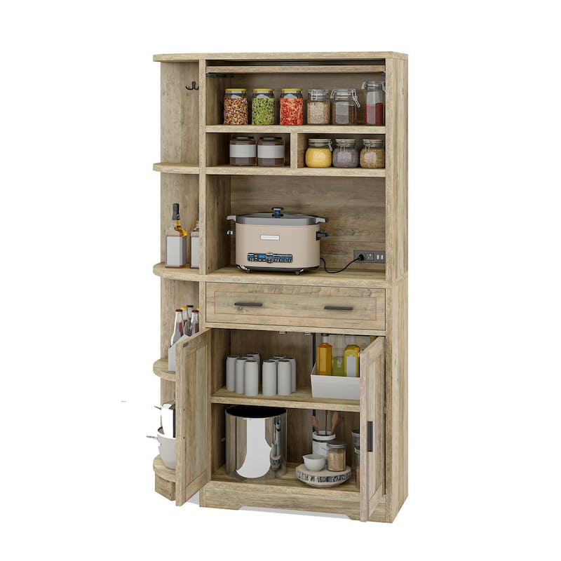 67" Kitchen Pantry Cabinets with Microwave Stand & Charging Station
