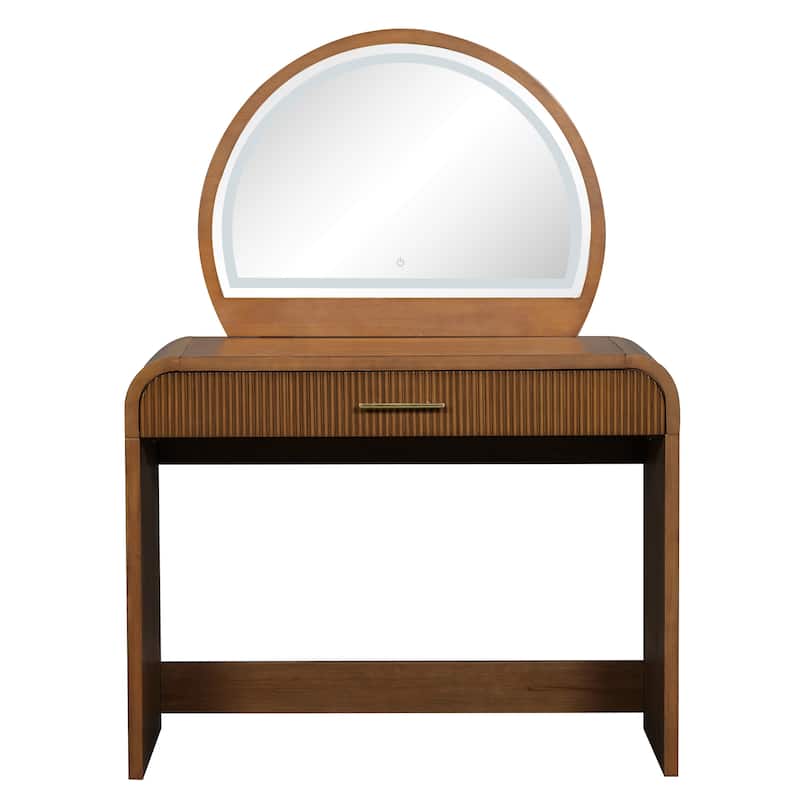 39" Makeup Vanity Table with LED Touch Screen Lighted Mirror, Curved Dressing Table Office Desk with Drawer