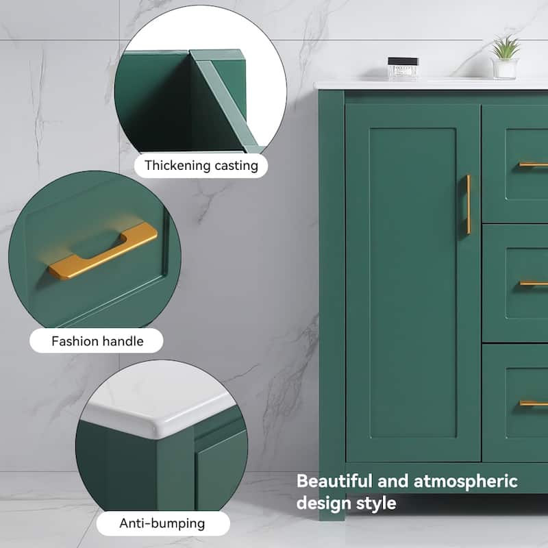 36" Green Bathroom Vanity with Undermount Sink - 2 Doors & 2 Soft-Close Drawers - Bathroom Storage Cabinet with Modern Design