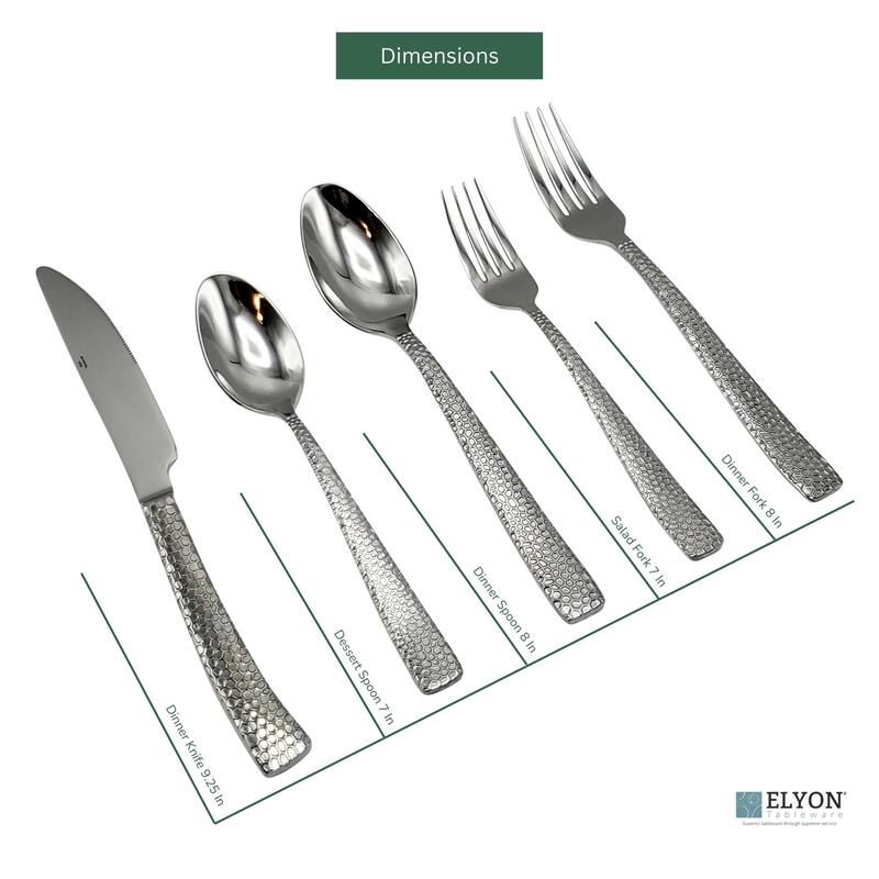 Elyon Crown Hammered Reflective Silver 20 Piece Flatware Set Stainless Steel Service For 4