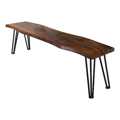 Moka 70 Inch Dining Bench, Live Edge Gray Sheesham Wood, Metal Hairpin Legs