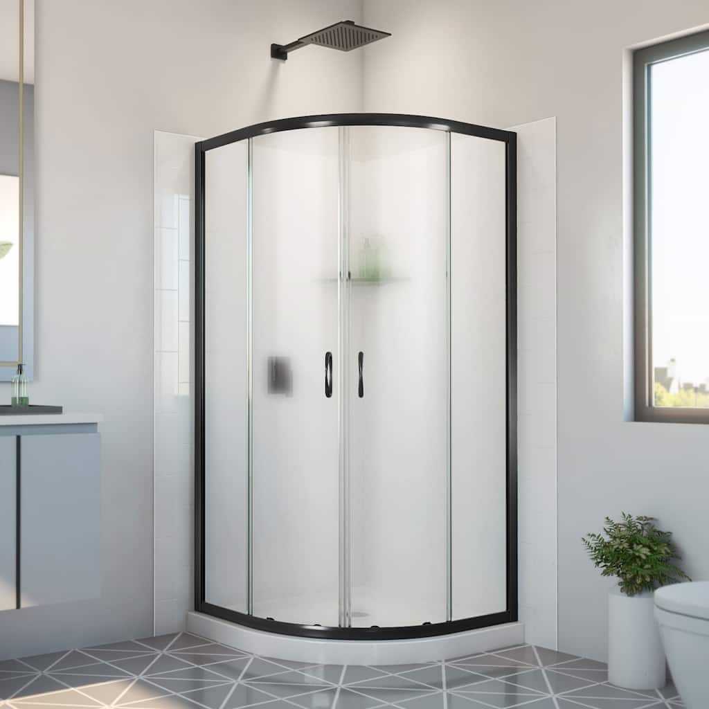 DreamLine Prime 33 in. x 33 in. x 78 3/4 in. H Shower Enclosure, Base, and White Wall Kit in Satin Black and Frosted Glass