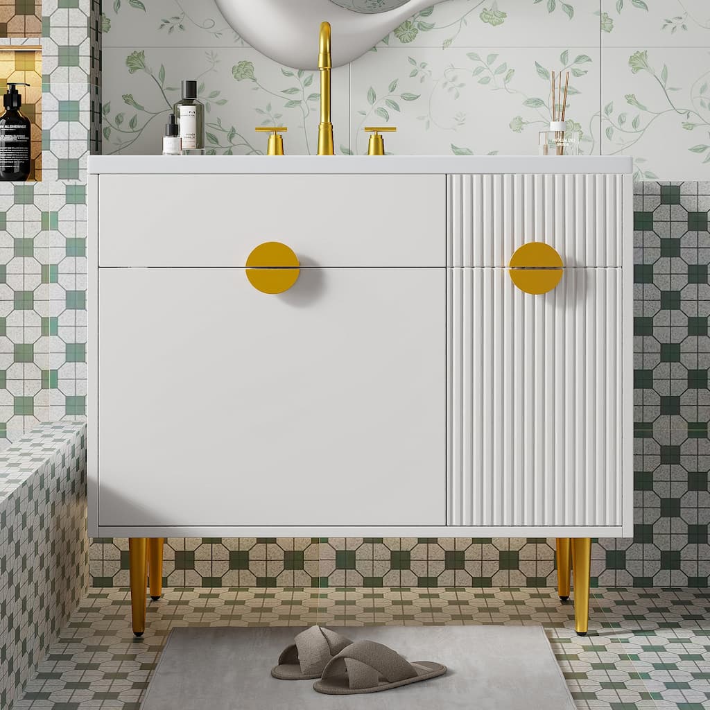 36" Bathroom Vanity with Resin Basin Sink, Modern Bathroom Sink Cabinet, Storage Cabinet with Soft-Closing