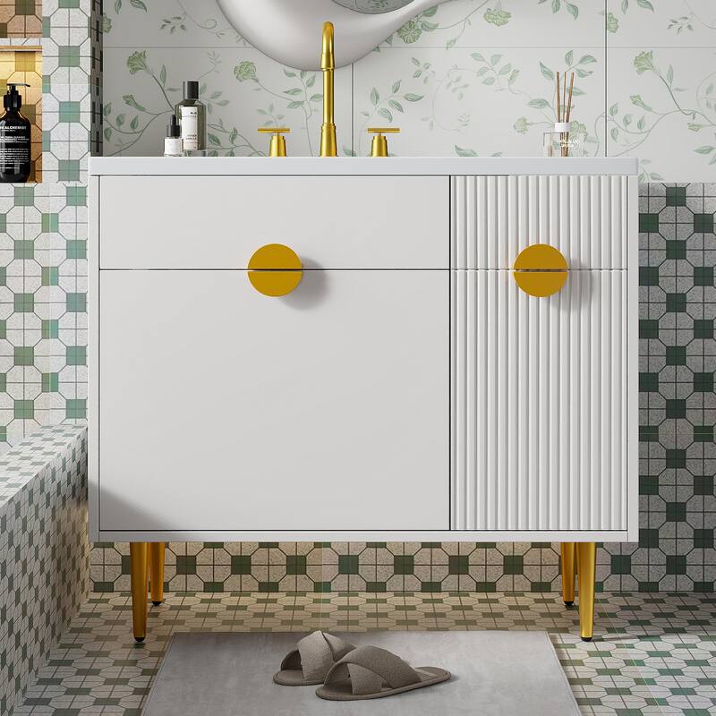 36" Bathroom Vanity with Resin Basin Sink Modern Sink Storage Cabinet with Soft-Closing Door and Drop-Down Door - White