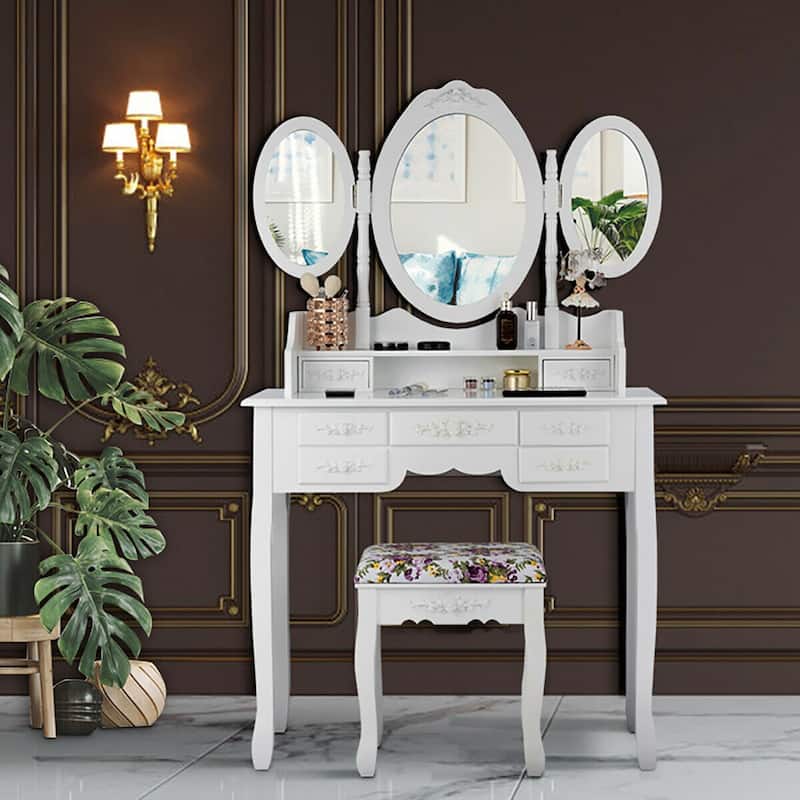 Gymax Vanity Makeup Set W/7 Drawer Tri-Folding Mirror Dressing Table &