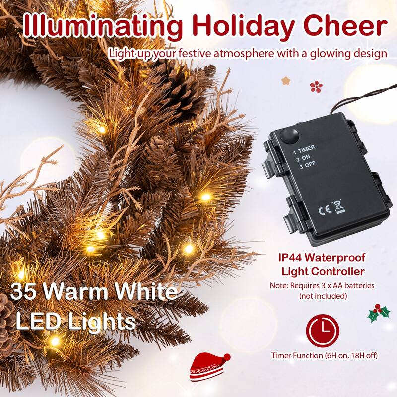 Costway 1/2 PCS 24" Pre-lit Christmas Wreath Front Door Artificial