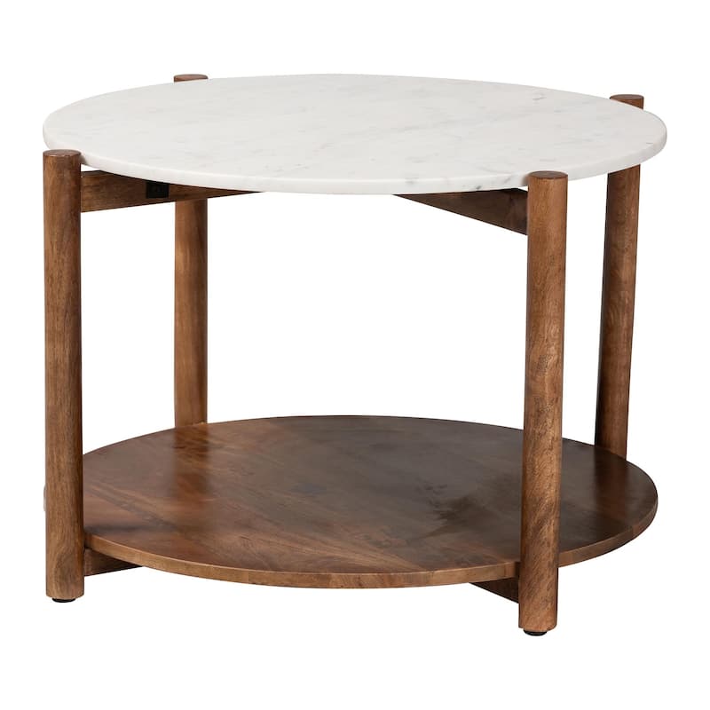Quindalyn Round Marble Coffee Table - Modern Accent Table with Mango Wood Frame and Open Shelf Storage - Marble White, Walnut Brown