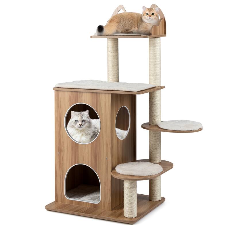 Natural and Beige Wooden Cat Tree Tower with Dual Condos Perches and Scratching Posts 48 Inch - 32" x 22.5" x 48" (L x W x H)