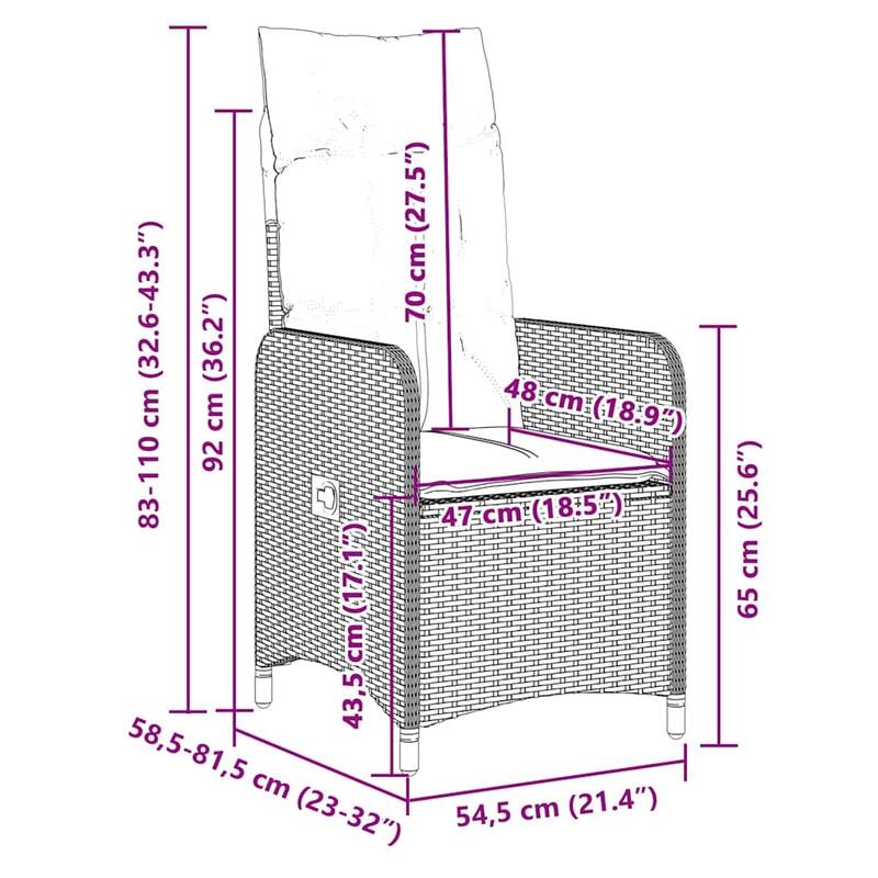 vidaXL Bistro Set Black PE Rattan 8-seater Adjustable Armrests - 23.0 x 21.5 x 36.2 in