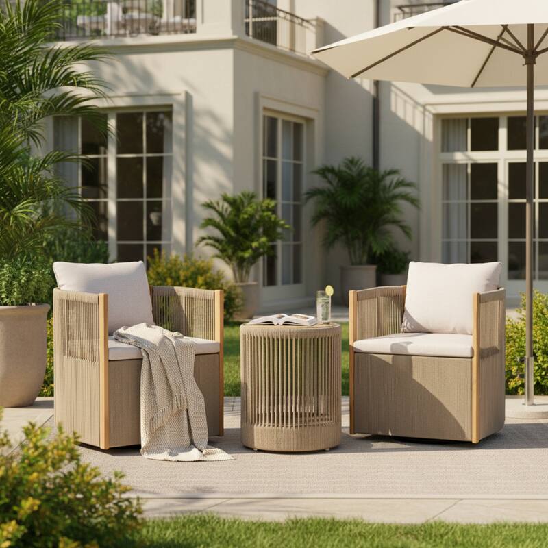 Christopher Knight Home - Orsini Outdoor Acacia Wood Dining Set with 180° Swivel Chairs & 15.00" Round Side Table - 3-Piece Set-Beige+Grey