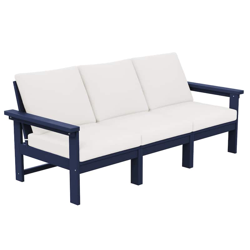 Outdoor Patio HDPE 3-Seat Sofa, 3 Removable Cushions Included - Navy &  Khaki