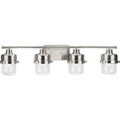 Beckner Collection Four-Light Brushed Nickel Clear Glass Urban Industrial Bath Light - 33.75 in x 6.37 in x 8.37 in