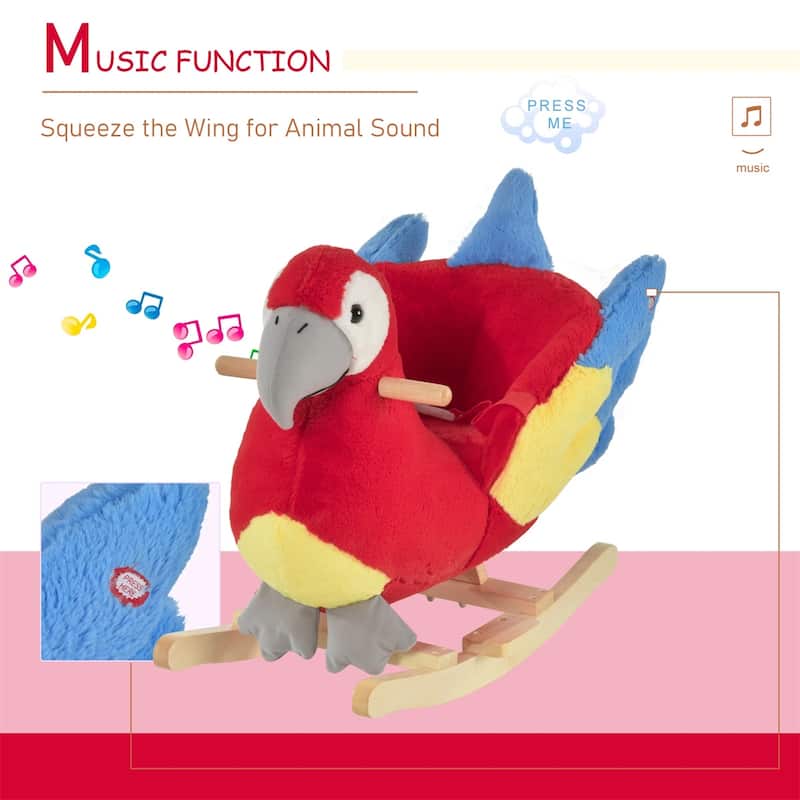 Red Plush Kids Rocking Parrot Horse with Comfortable Seat and Wooden Base Music Feature - 23.5" L x 13.75" W x 19.75" H