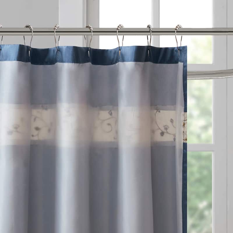 Red Faux Silk Embroidered Floral Shower Curtain